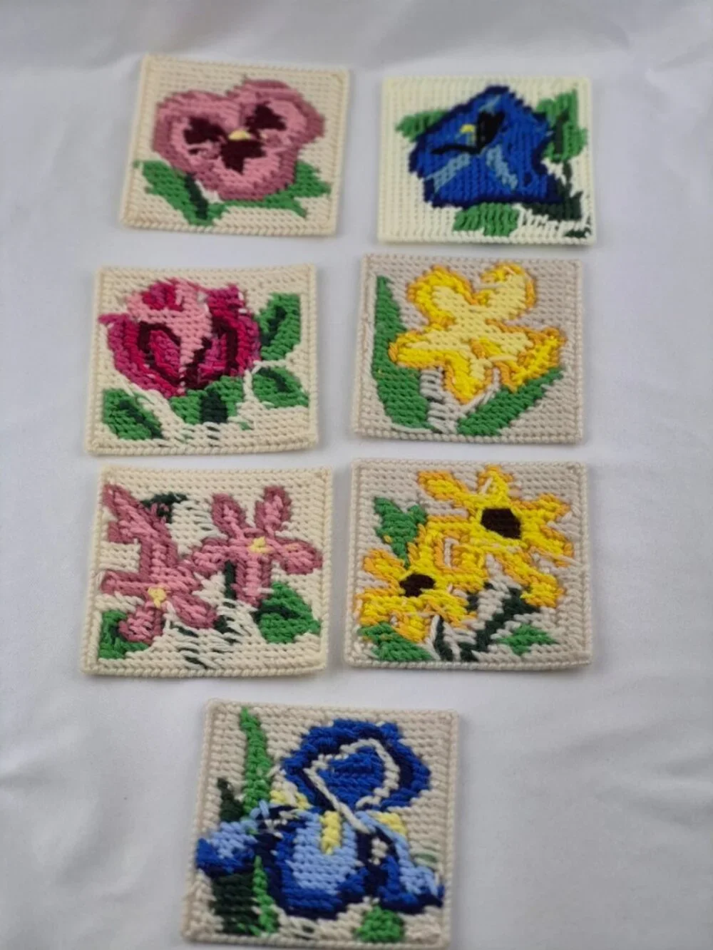 Handmade Floral Plastic Canvas Coasters Set of 16 in 7 Different Flower Patterns